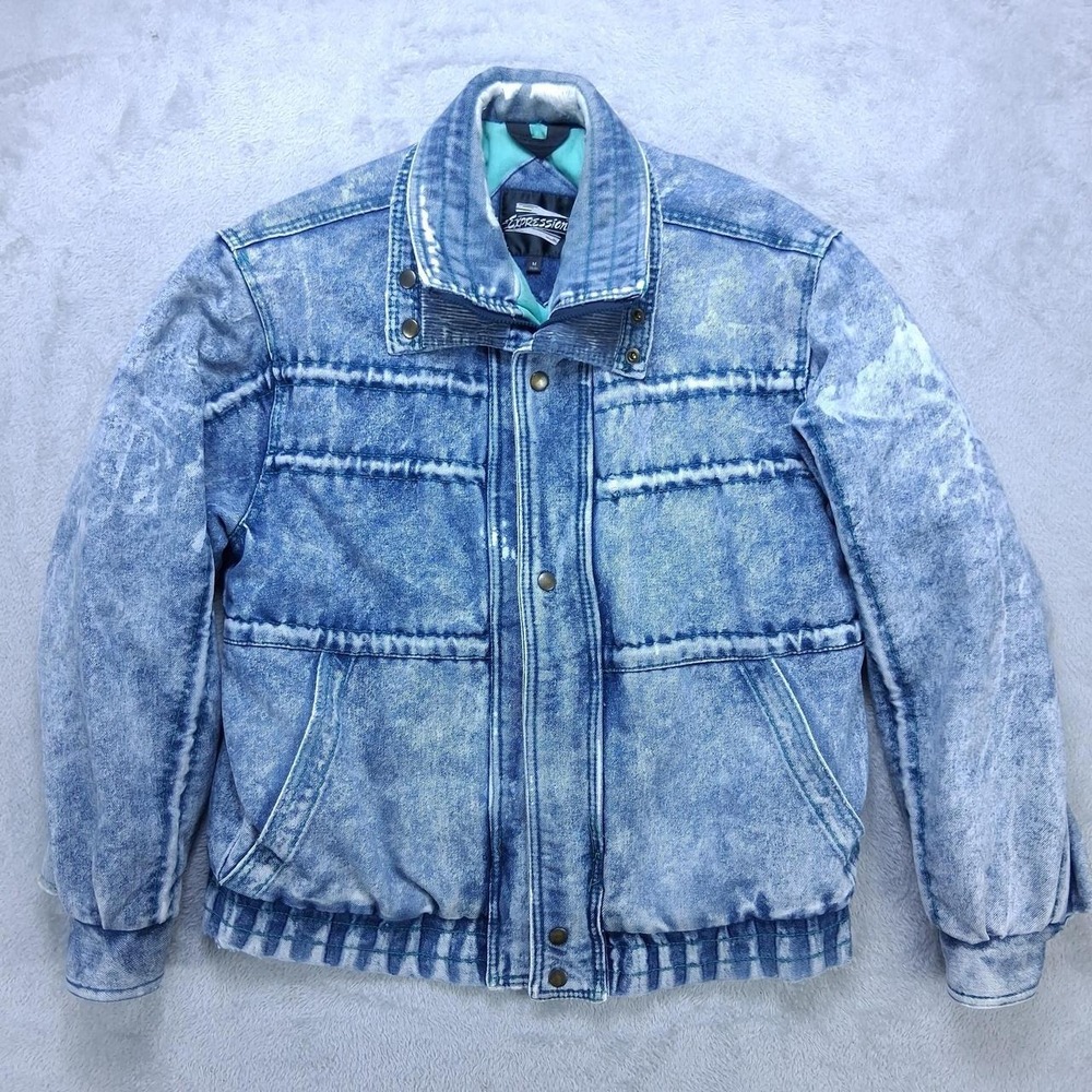 Vintage 80s Expressions Acid Wash Denim Puffer Jacket Blue Medium Retro